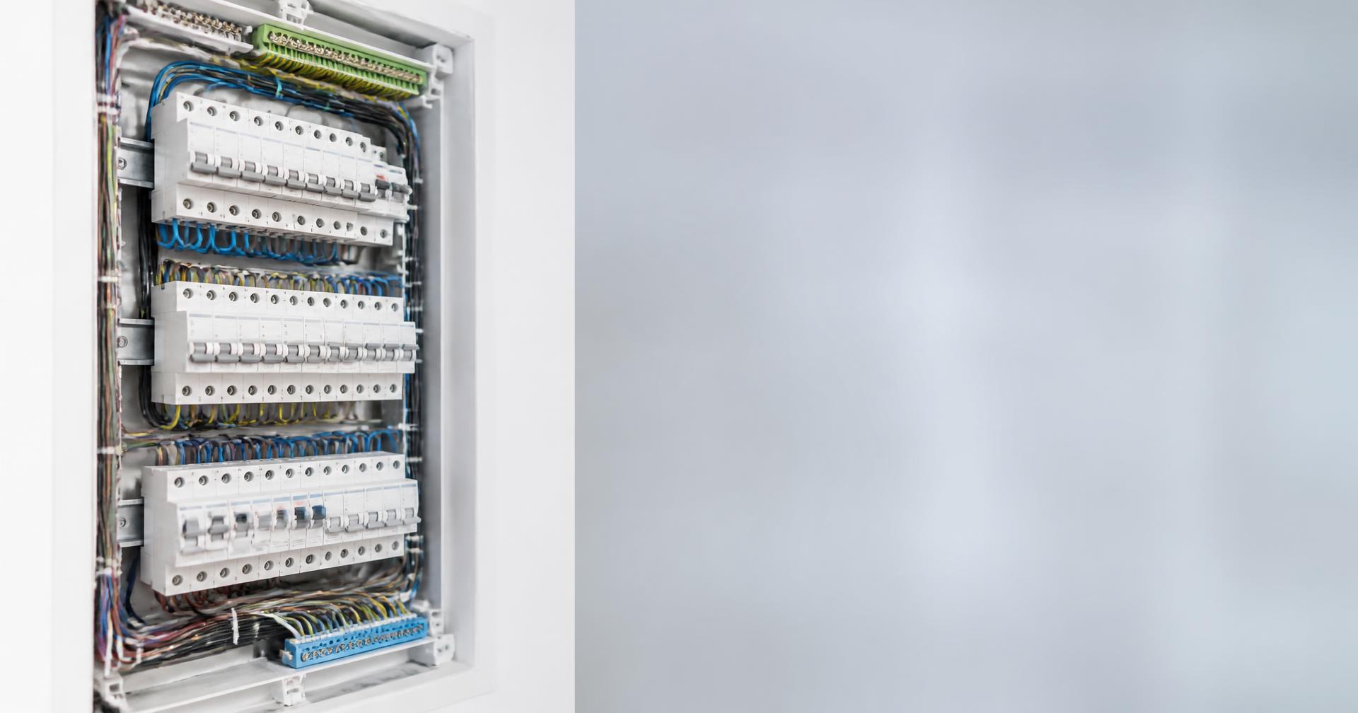 Rozvaděč s jističi a precizně provedenou elektroinstalací